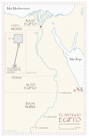 Mapa del antiguo Egipto. La meseta de Guiza con las pirámides de Keops [Khufu], Kefrén [Khaefra] y Micerinos [Menkaura]. Bajo las arenas de Kemet. Arquitectura antiguo Egipto